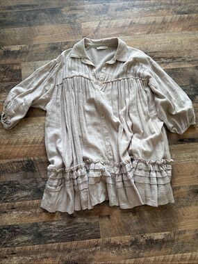 Karlie Soft Taupe Ruffle-Trim Button Down Dress